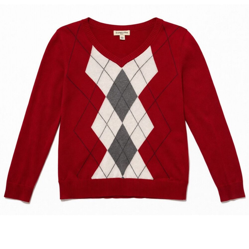 Red Argyle V Neck‎ Sweater Womens Petite Large 100% Cotton Preppy Collegiate